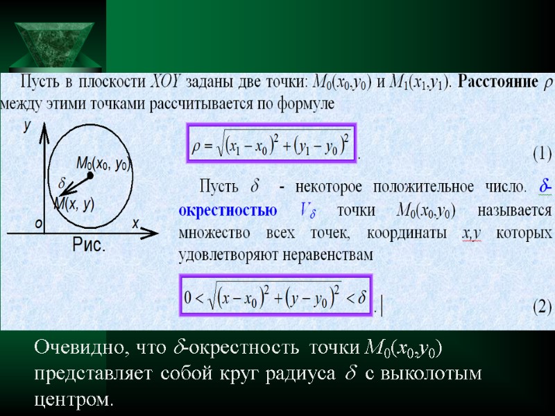 Очевидно, что -окрестность точки M0(x0,y0) представляет собой круг радиуса   с выколотым центром.